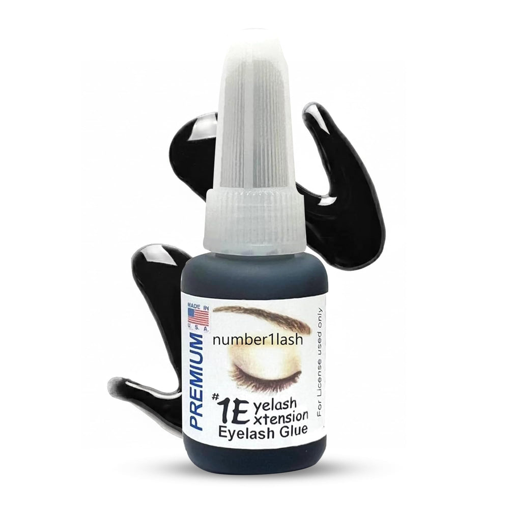 #1 Eyelash Extension front label showing professional 0.34 fl oz bottle and clear branding benefit