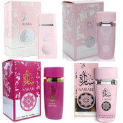 A CENTER front view of four floral perfume bottles showing elegant display and gift appeal