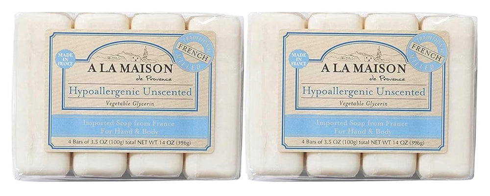A LA MAISON front packaging showing 2-pack unscented bars and clean design benefit: clear ingredient focus