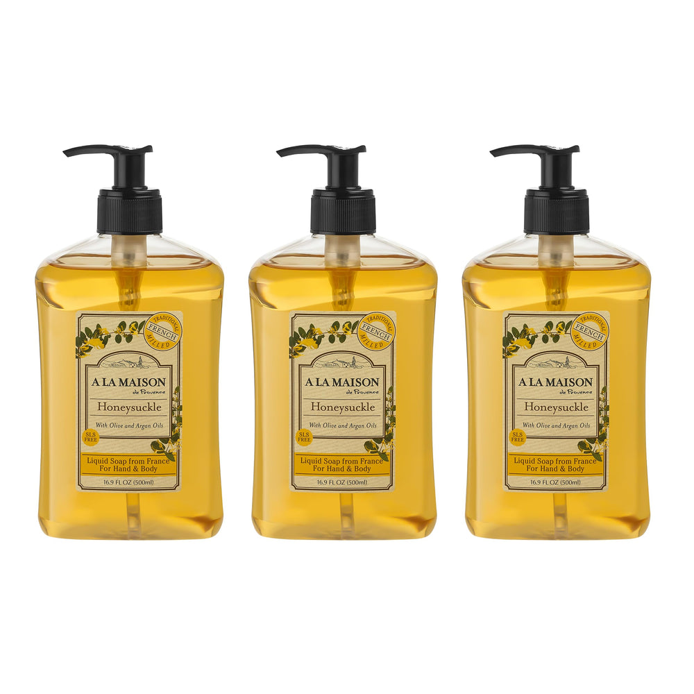 A LA MAISON front packaging showing three honeysuckle soap bottles and ease of use