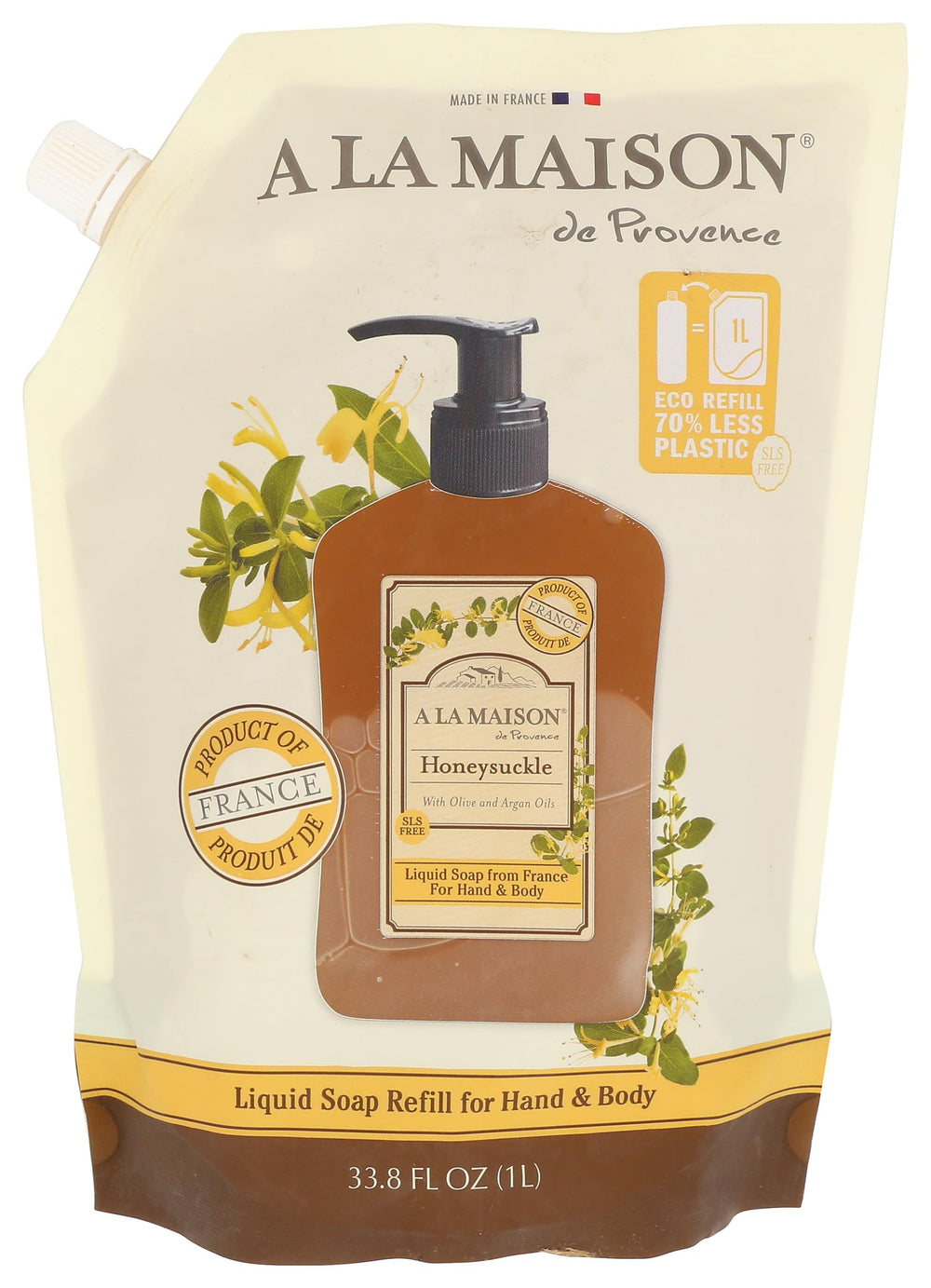 A LA MAISON honeysuckle front refill pouch shows label and size benefits