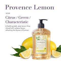 A LA MAISON pump and label detail highlighting French recipe and recycled bottle