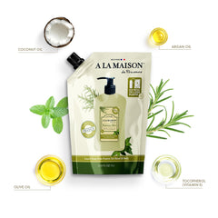 A LA MAISON close-up of pouring pouch into dispenser, shows easy refill and reduced waste