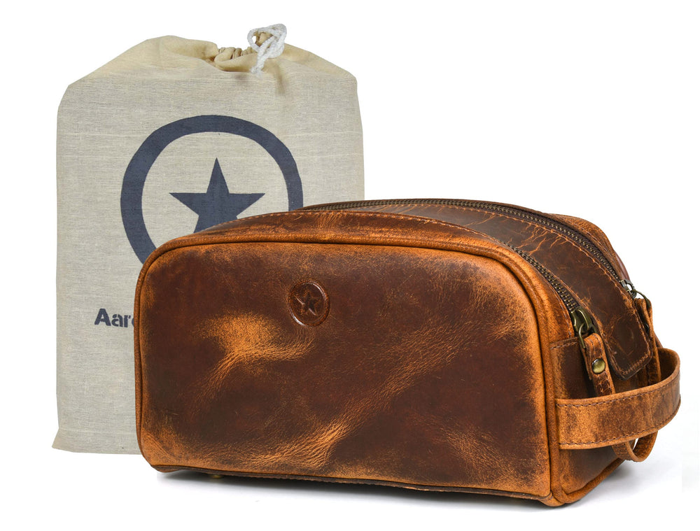 Aaron Leather Goods front view of black leather toiletry pouch showing stylish profile and benefit