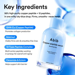 Abib ingredient label closeup highlighting GHK-Cu and peptide blend benefits