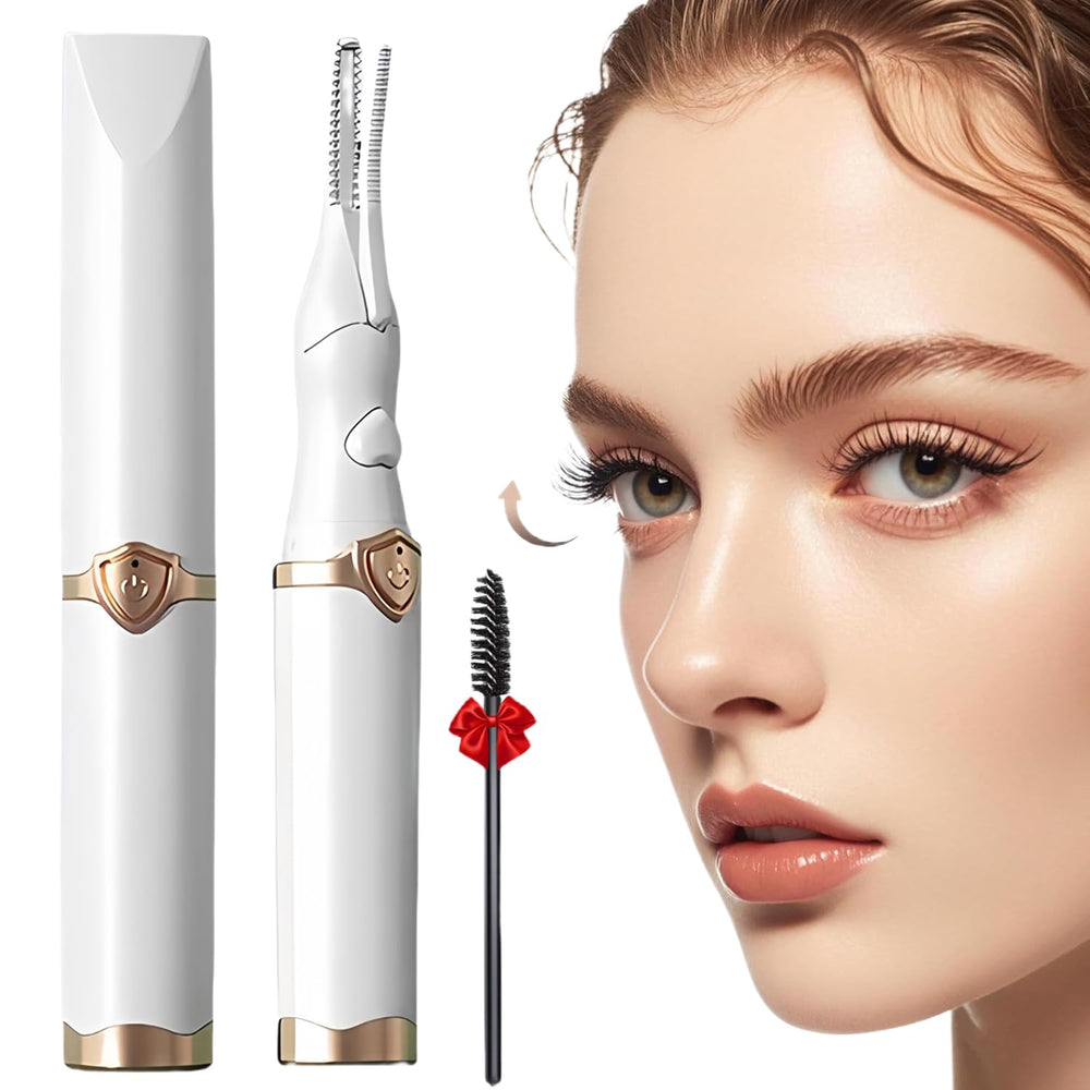Acavado front view of beige heated eyelash curler shows sleek compact design and benefits portability