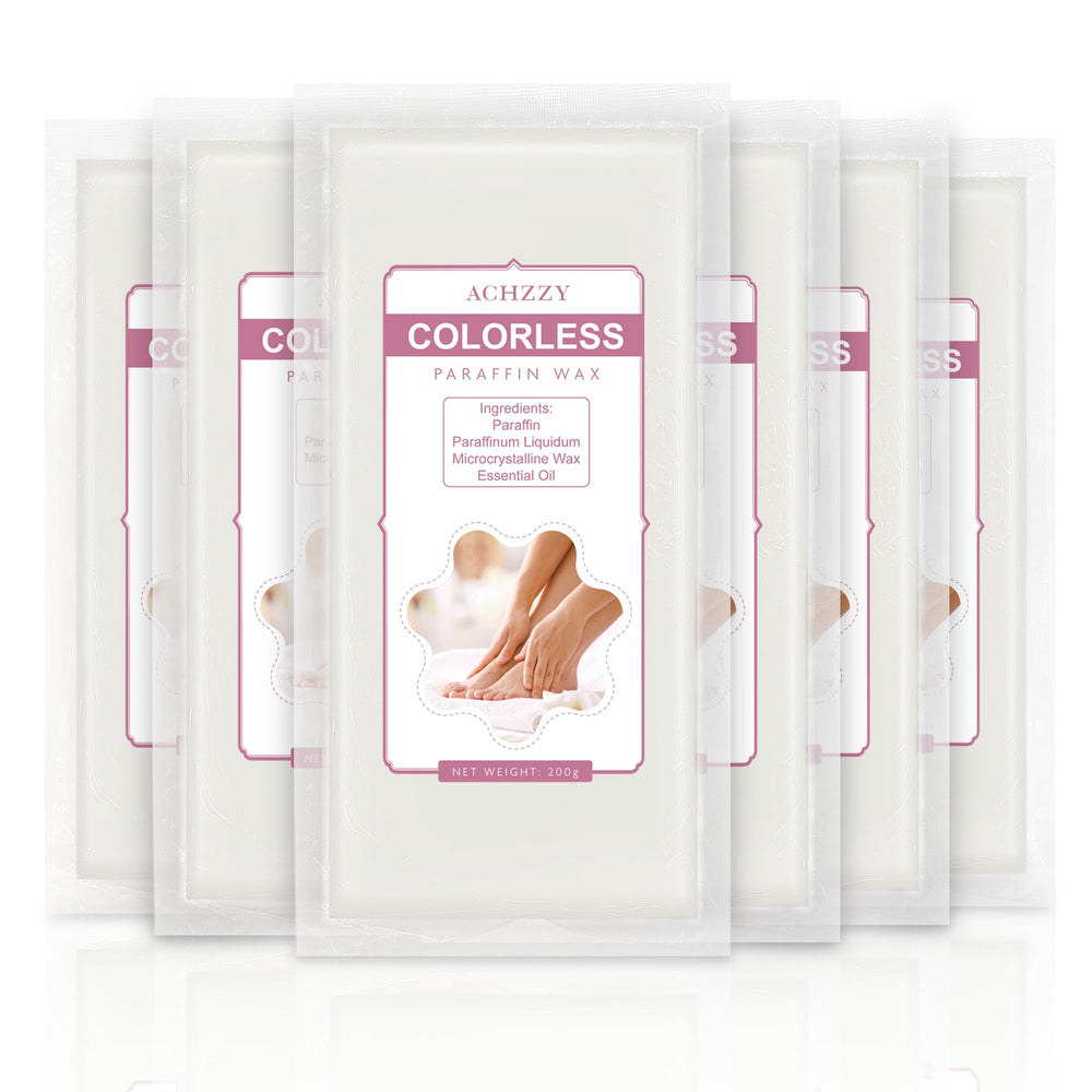 Achzzy front packaging showing six unscented wax blocks for easy storage and use