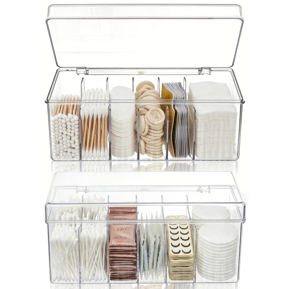 Acshio front view of two clear organizers showing tidy storage benefit