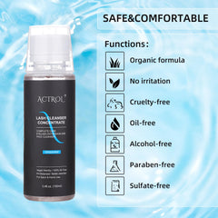 ACTROL foam bottle in use on lashes by technician illustrating gentle, precise cleansing