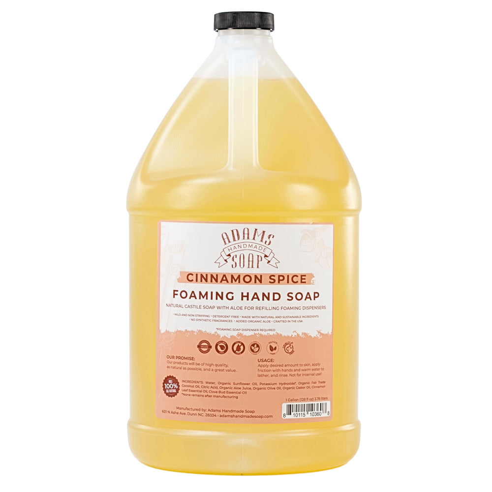Adams Handmade Soap gallon front label showing cinnamon spice scent and refill benefit