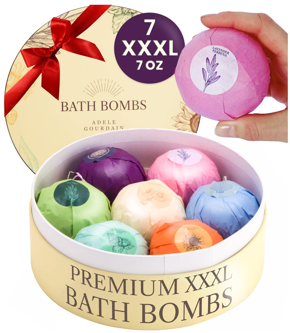 ADELEGOURDAIN front packaging showing seven wrapped XL bath bombs, appealing gift presentation