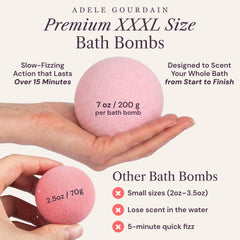 ADELEGOURDAIN oversized 200g bath bomb held in hand showing scale and generous size