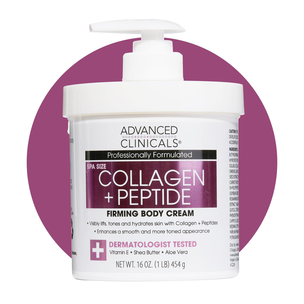 Advanced Clinicals front packaging showing 16 oz collagen lotion and benefits