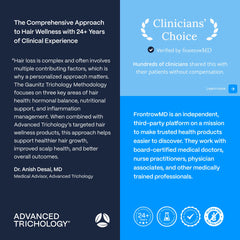 Advanced Trichology bottle close-up label highlighting dosages and vegetarian formula
