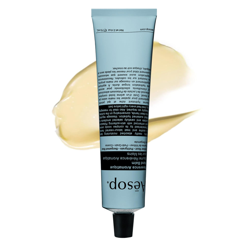 Aesop front tube showing product name and compact travel size benefit