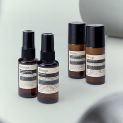 Close-up of Aesop ingredient list emphasizing natural actives and transparent formulation