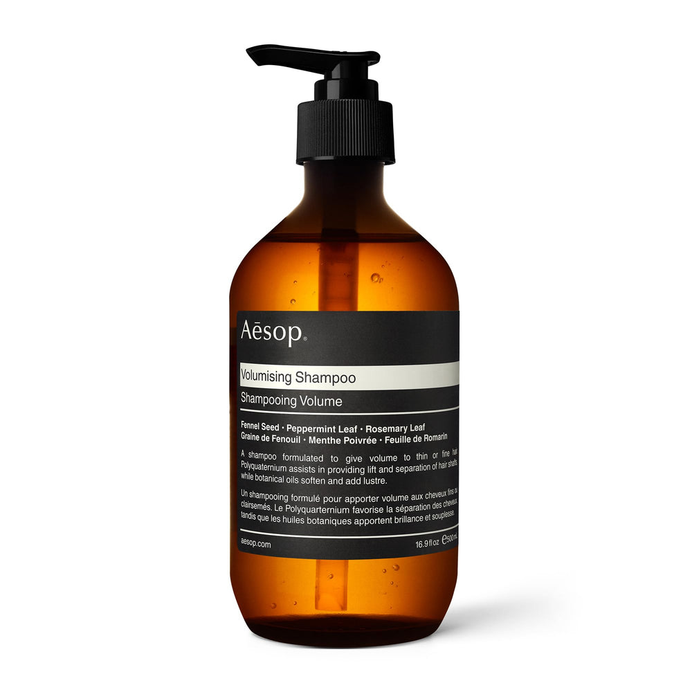 Aesop volumizing shampoo front bottle showing packaging and size benefit