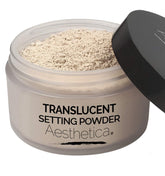 Aesthetica front packaging showing powder jar and matte finish benefit