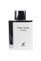 Afnan Pure Musk front bottle view showing sleek design and easy application benefit
