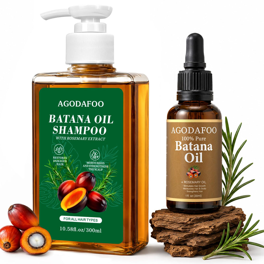 Agodafoo front packaging showing shampoo and oil for easy identification and benefits