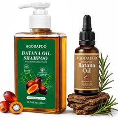 Agodafoo front packaging showing shampoo and oil for easy identification and benefits