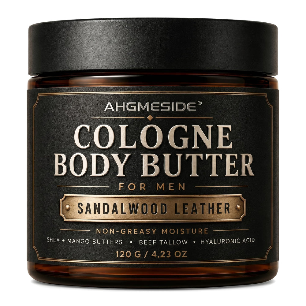 ahgmeside jar front view showing sandalwood leather scent and grooming appeal