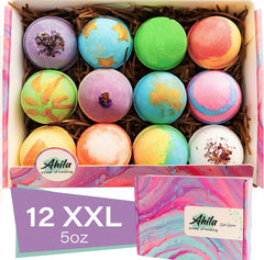 Ahila power of healing front packaging showing 12-bath bomb set and benefits