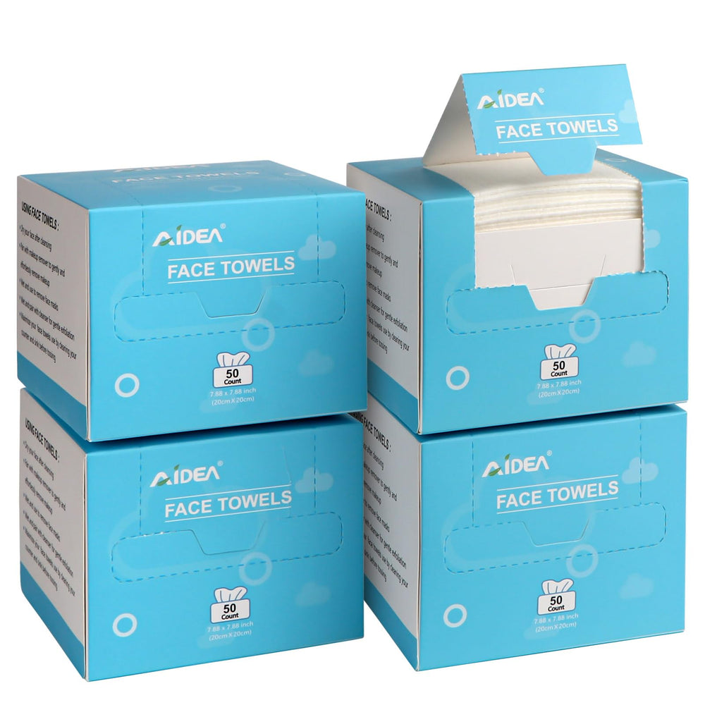 AIDEA front packaging showing four boxed 50-count packs, convenient storage benefit