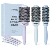 AIMIKE round brush set front view showing three barrel sizes and packaging, neat storage benefit