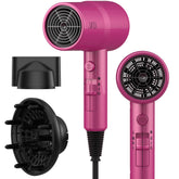 AINA front view of neon pink diffuser hair dryer showing compact design and quick-dry benefit