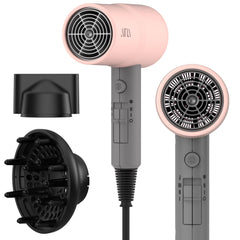 AINA hair dryer front view showing misty blush finish and ergonomic shape for comfortable styling