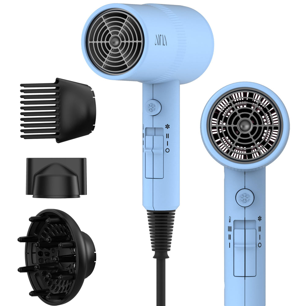 AINA hair dryer front view showing controls and blue finish, easy styling
