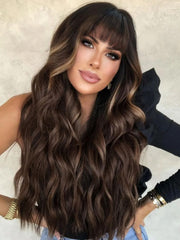 AISI QUEENS front view brown highlight wig showing natural volume