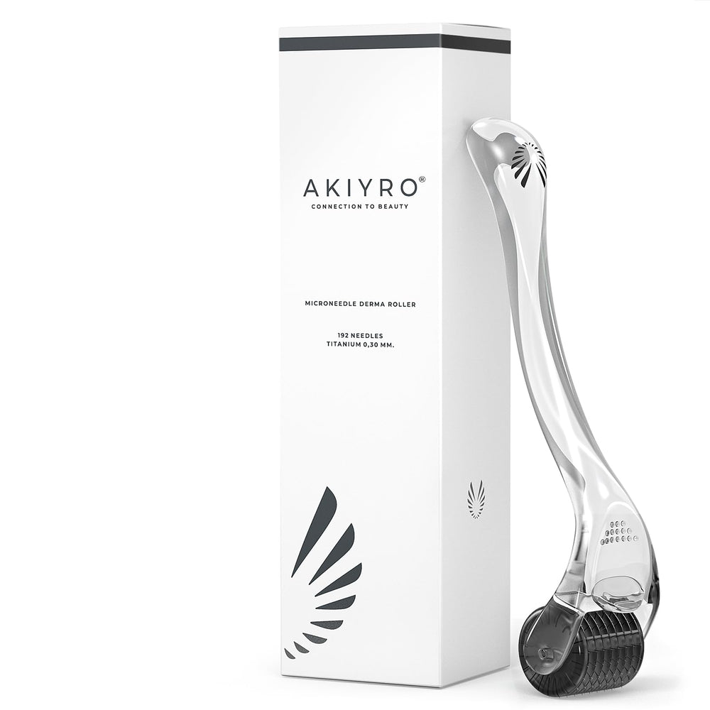 AKIYRO derma roller front view showing sleek black finish and compact design for easy use
