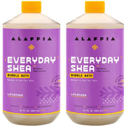 Alaffia front packaging showing two 32 oz lavender bottles and label benefits