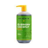 Alaffia front bottle 32 oz showing label and size, highlights fair-trade benefit