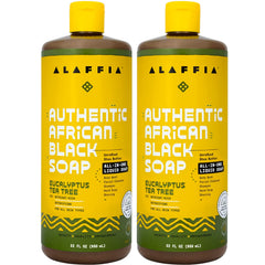 Alaffia front packaging showing two 32 oz bottles and eucalyptus scent benefit