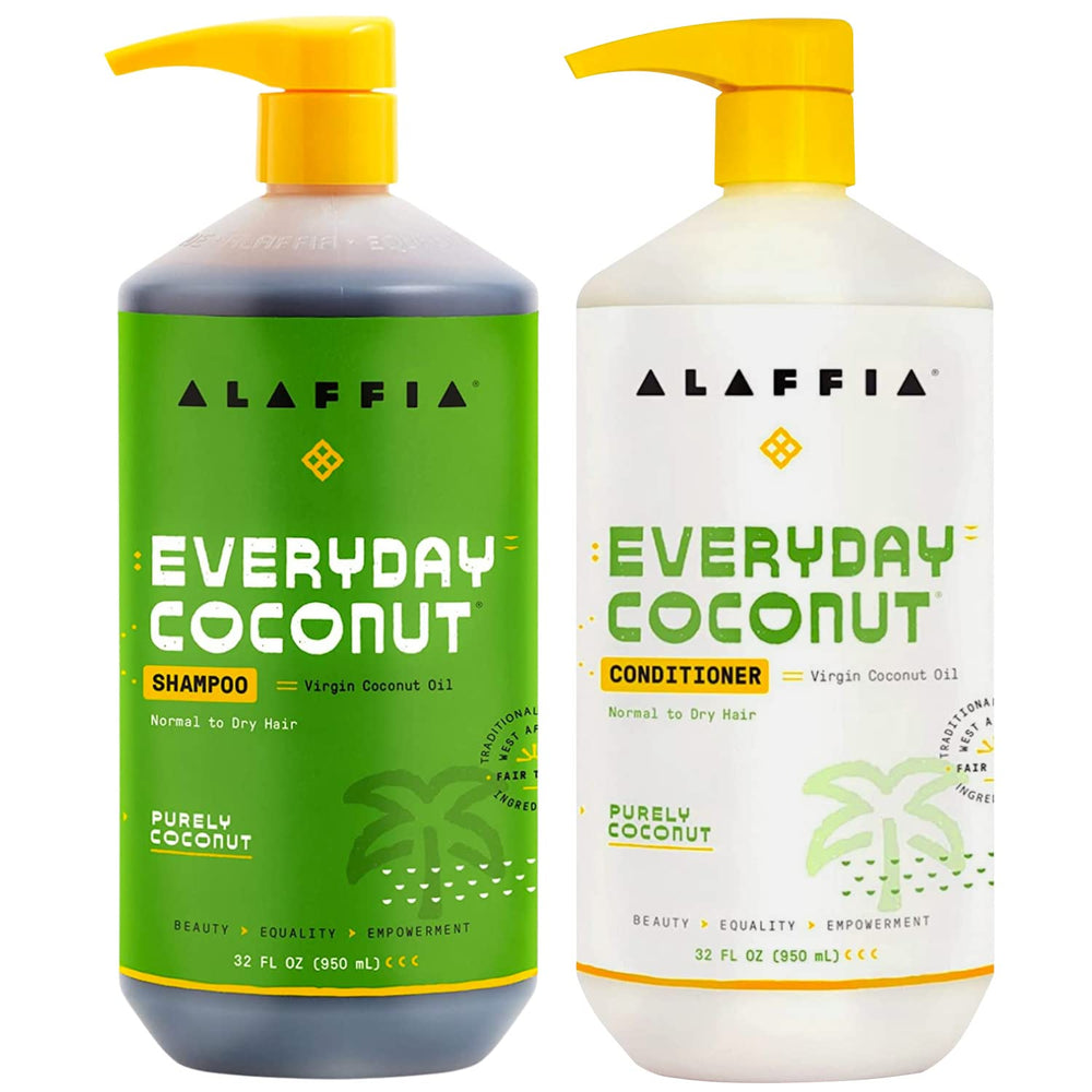 Alaffia shampoo and conditioner front view showing full 32 oz pairing benefits
