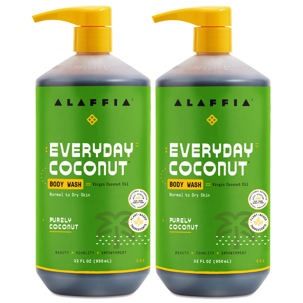 Alaffia front packaging of two 32 oz bottles showing brand and product benefits