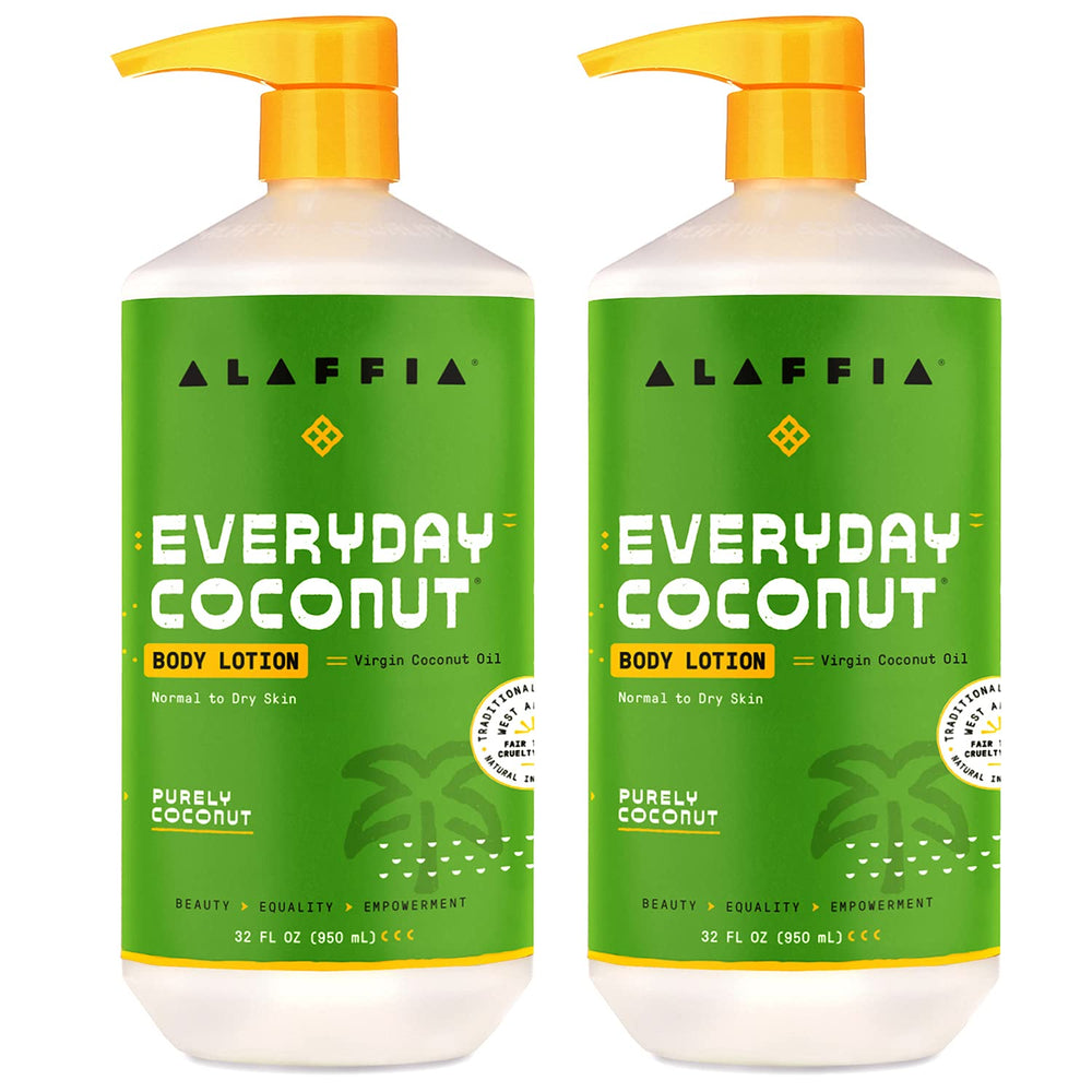 Alaffia front packaging of EveryDay Purely Coconut lotion showing size and label benefits