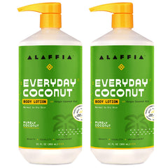 Alaffia front packaging of EveryDay Purely Coconut lotion showing size and label benefits