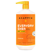Alaffia front packaging showing 32 oz pump and product benefit of long-lasting hydration