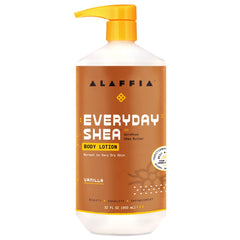 Alaffia front packaging of 32 fl oz lotion showing product and fair-trade badge
