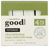 Alaffia front packaging showing four peppermint soap bars and value pack benefit