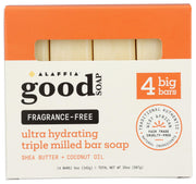 Alaffia front packaging showing four unscented shea soap bars and value savings