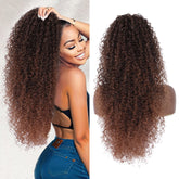 Alebery front view of brown 27 inch ponytail showing full-length voluminous curls and instant style