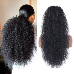 Alebery front packaging showing 27-inch kinky-curly ponytail, easy styling benefit