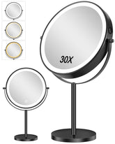 ALHAKIN front view of black double-sided mirror with lights for accurate makeup