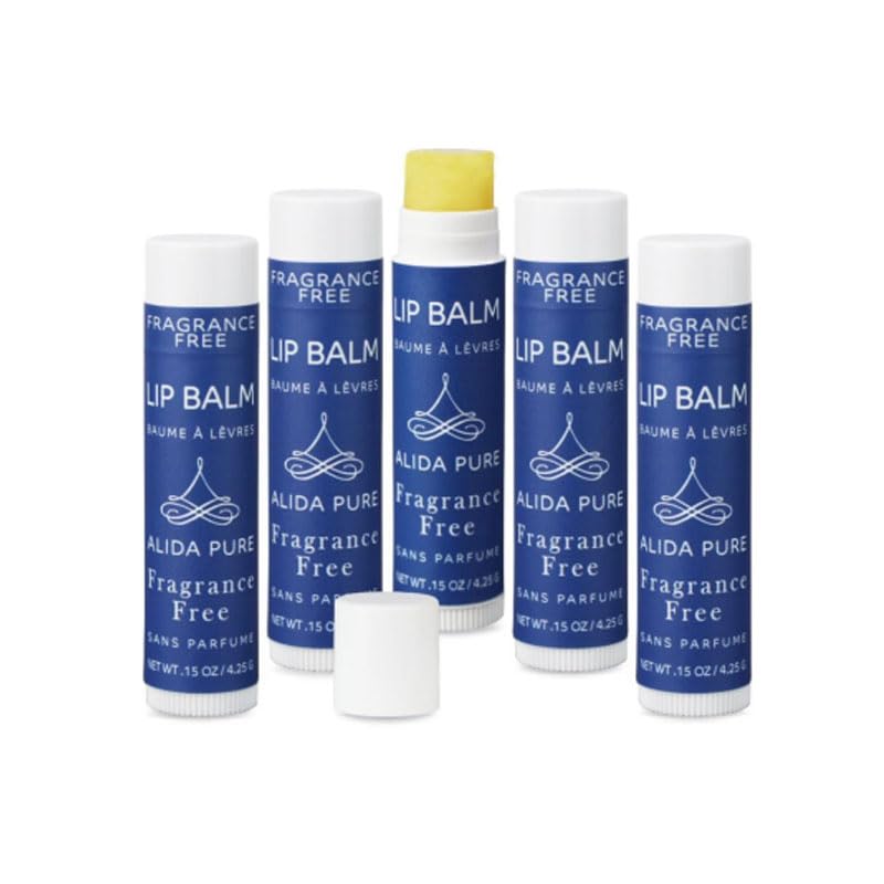 ALIDA PURE front packaging showing five unscented lip balms and product benefit hydration