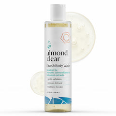 Almond Clear front packaging showing bottle and clear gel for easy identification and gentle exfoliation